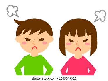 Facial expressions of angry. Upper body of boy and girl. Vector illustration.