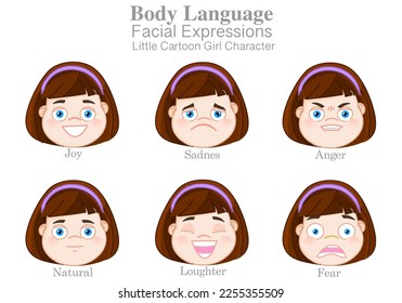 Expresiones faciales. Lengua corporal. Pequeña caricatura adorable juego de personajes de chica. Alegría, tristeza, rabia, natural, feliz, risas, miedo, sorpresa, vista visual, ceja. Comunicación no verbal. Vector de ilustración