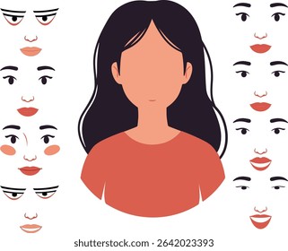 Facial Expressions Chart of a Woman,Customizable cartoon vector illustration for creating Fmale character avatars