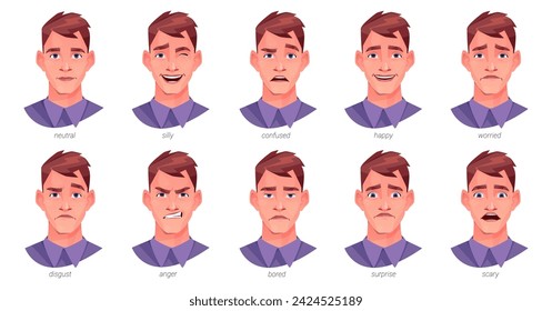 Facial expressions and emotions of man personage. Vector isolated character with sad neutral and silly, confused and happy, worried and disgust, anger and bored, surprise and scary faces