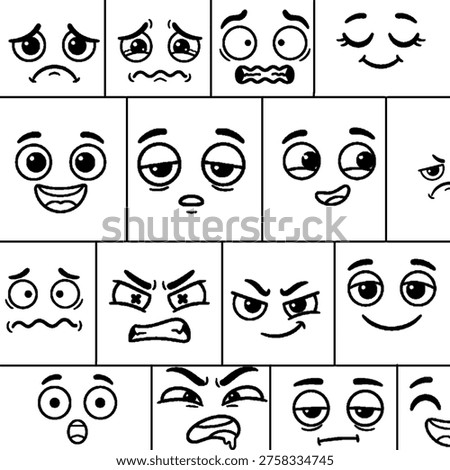 Facial expressions flat vector illustration set. Happy, laughing, pensive, unhappy, tired, angry, crying monochrome cartoon face. Emotions concept