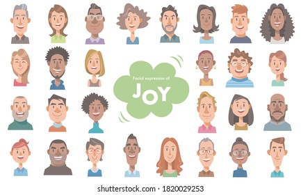 Facial expressions of joy. Smiling men and women. Set of diverse people on white background. Vector illustration in flat cartoon style.