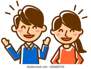 Facial expressions of laugh. Upper body of man and woman Vector illustration.
