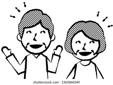 Facial expressions of laugh. Upper body of elderly man and woman. Vector illustration.
