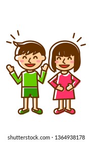 Facial expressions of laugh. Whole body of boy and girl. Vector illustration.
