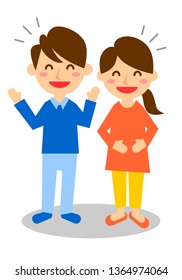 Facial expressions of laugh. Whole body of man and woman Vector illustration.
