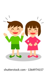 Facial expressions of laugh. Whole body of boy and girl. Vector illustration.
