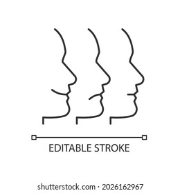 Facial expressions linear icon. Emotional states recognition. Happy, sad and anger emotions. Thin line customizable illustration. Contour symbol. Vector isolated outline drawing. Editable stroke