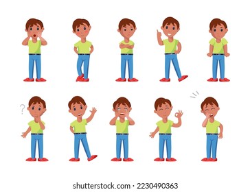 Facial expressions of male character vector illustration set. Ten full-length images of boy showing different emotions isolated on white background. Emotions concept