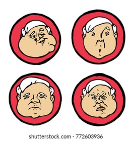 Facial expressions in man's faces, emotions icons or emblems set.