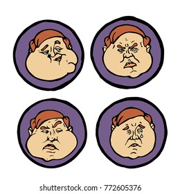 Facial expressions in man's faces, emotions icons or emblems set.
