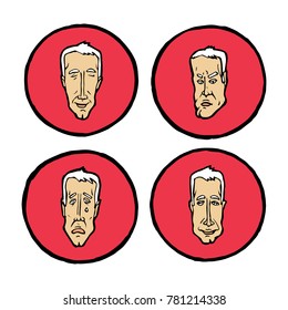 Facial expressions in man's faces, emotions icons or emblems set.