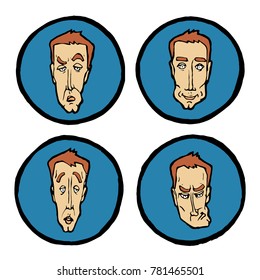 Facial expressions in man's faces, emotions icons or emblems set.