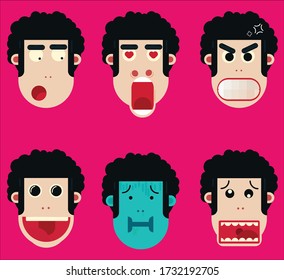 
facial expressions of men with black curly hair there are six expressions of angry faces laughing in pain shocked crushed and can be changed according to color and size