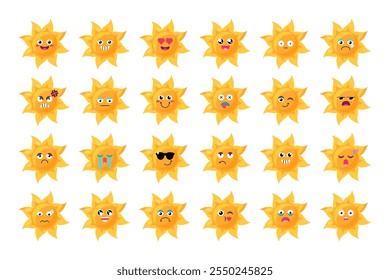 Facial expressions and moods of yellow Emoji sun. Design element for children weather forecast. Funny kids icon set. Simple cartoon vector elements kit isolated on white background