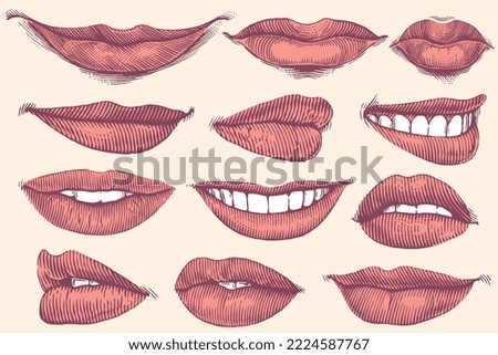 Facial expressions of the mouth. Design set. Editable hand drawn illustration. Vector vintage engraving. Isolated on light background. 8 eps