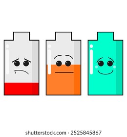 Expresiones faciales en el Estado de la batería. carácter lindo. nivel de la batería. batería completa, batería baja. carga. Ilustración vectorial. estilo plano