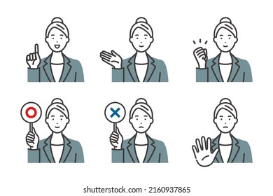 Facial expressions and poses of a young business woman in a suit. Variation set. 