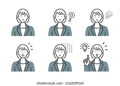 Facial expressions and poses of a young business woman in a suit. Variation set. 