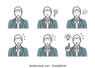 Facial expressions and poses of a young businessman in a suit. Variation set. 