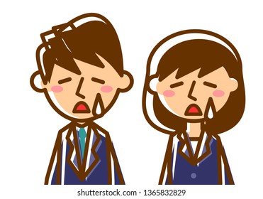 Facial expressions of sad. Upper body of male and female office workers. Vector illustration.
