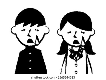 Facial expressions of sad. Upper body of male and female students. Vector illustration.