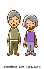 Facial expressions of sad. Whole body of elderly man and woman. Vector illustration.
