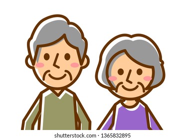 Facial expressions of smile. Upper body of elderly man and woman. Vector illustration.