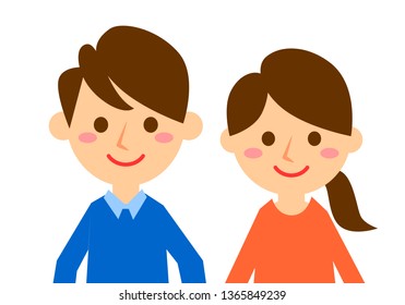 Facial expressions of smile. Upper body of man and woman. Vector illustration.
