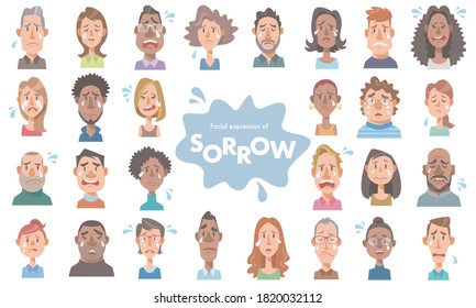 Facial expressions of sorrow. Crying men and women. Set of diverse people on white background. Vector illustration in flat cartoon style.