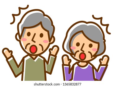 Facial expressions of surprise. Upper body of elderly man and woman. Vector illustration.