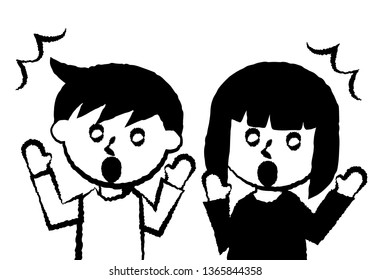Facial expressions of surprise. Upper body of boy and girl. Vector illustration.