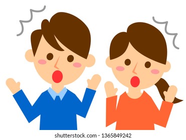Facial expressions of surprise. Upper body of man and woman. Vector illustration.
