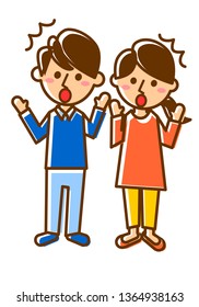 Facial expressions of surprise. Whole body of man and woman. Vector illustration.
