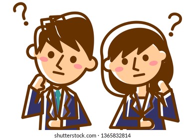 Facial expressions of thinking. Upper body of male and female office workers. Vector illustration.
