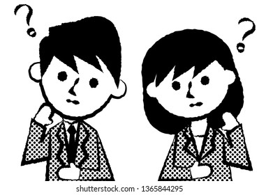 Facial expressions of thinking. Upper body of male and female office workers. Vector illustration.