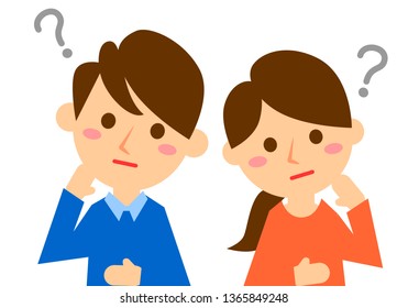 Facial expressions of thinking. Upper body of man and woman. Vector illustration.
