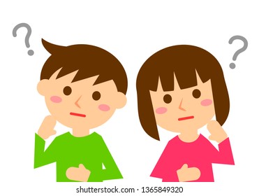Facial expressions of thinking. Upper body of boy and girl. Vector illustration.