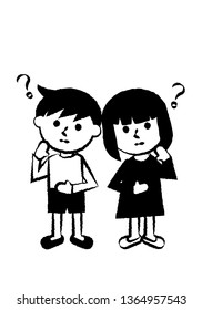 Facial expressions of thinking. Whole body of boy and girl. Vector illustration.
