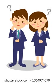 Facial expressions of thinking. Whole body of male and female office workers. Vector illustration.