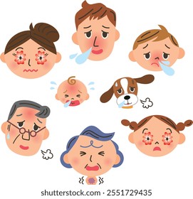 Facial expressions of a three-generation family with colds, fever, runny nose, cough, and congestion