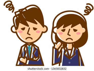 Facial expressions of trouble. Upper body of male and female office workers Vector illustration.
