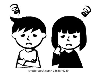 Facial expressions of trouble. Upper body of boy and girl. Vector illustration.
