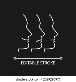 Facial expressions white linear icon for dark theme. Emotional states. Nonverbal communication. Thin line customizable illustration. Isolated vector contour symbol for night mode. Editable stroke