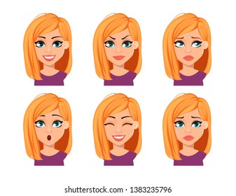 Facial Expressions Of Woman With Blonde Hair. Different Female Emotions. Beautiful Cartoon Character. Vector Illustration On White Background.