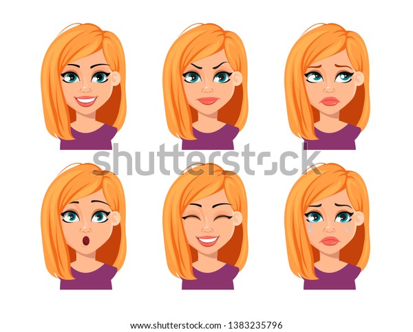 Facial Expressions Woman Blonde Hair Different Stock Vector