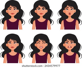 
Expresiones faciales de una mujer hermosa joven Vector Conjunto de caracteres. Diferentes emociones retratadas por una joven con el pelo negro 
