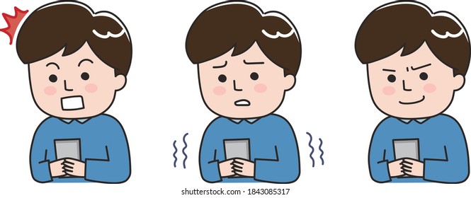 Facial expressions of young man using a smartphone in a bad situation. Vector illustration isolated on white background.