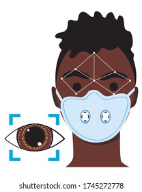 Reconocimiento facial y oftalmológico de un hombre o una persona de sexo africano con mascarilla facial médica o respirador por seguridad. Ilustración plana vectorial con reconocimiento de retina por teléfono celular o sistema digital