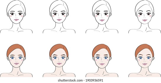 Facial Eyebrow Illustration, Straight Eyebrows, Round Eyebrows, Angular Eyebrows, Egg-shaped Face, Cheekbones, Face Shape, Long Face Shape. Beauty  Illustration.